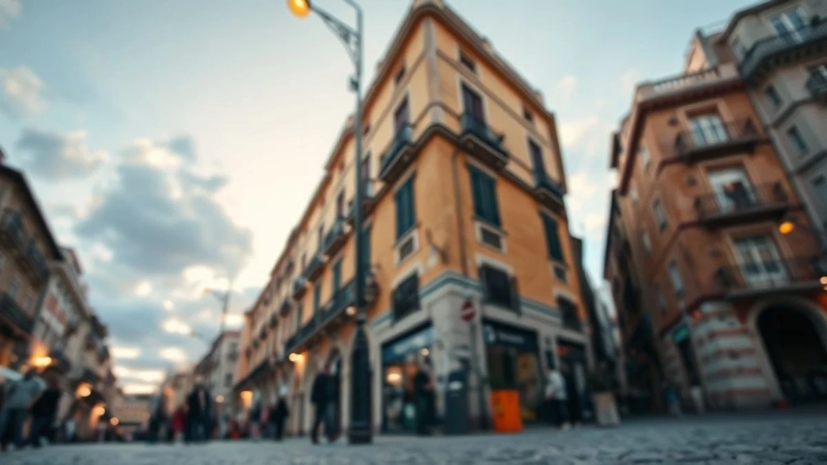 Imagen ilustrativa: calle adornada con guirnaldas y luces festivas al atardecer, con cielo de fondo y algunos viandantes de espaldas.