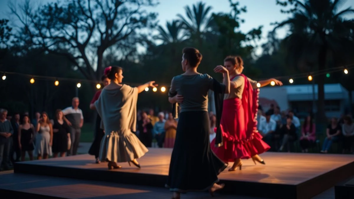 Illustrative image: outdoor performance of Andalusian folk dance in a park, with dancers in flamenco costumes on a lit wooden stage.