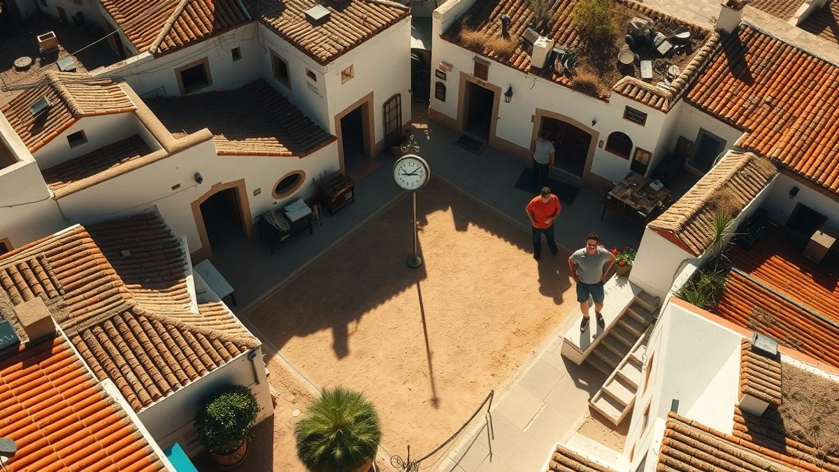 Vista cenital de una plaza de pueblo andaluz con un termómetro que marca 41,7 grados y casas blancas