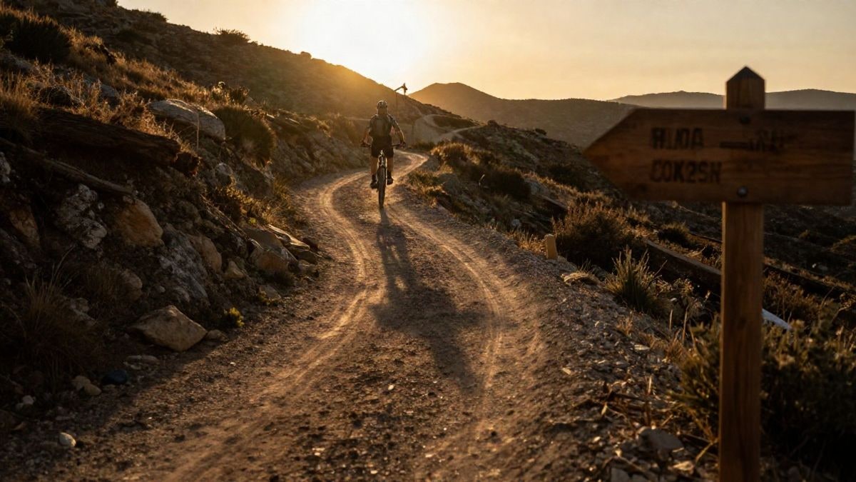 Imagen ilustrativa: sendero de montaña al atardecer con sombras largas y un poste de señalización desenfocado