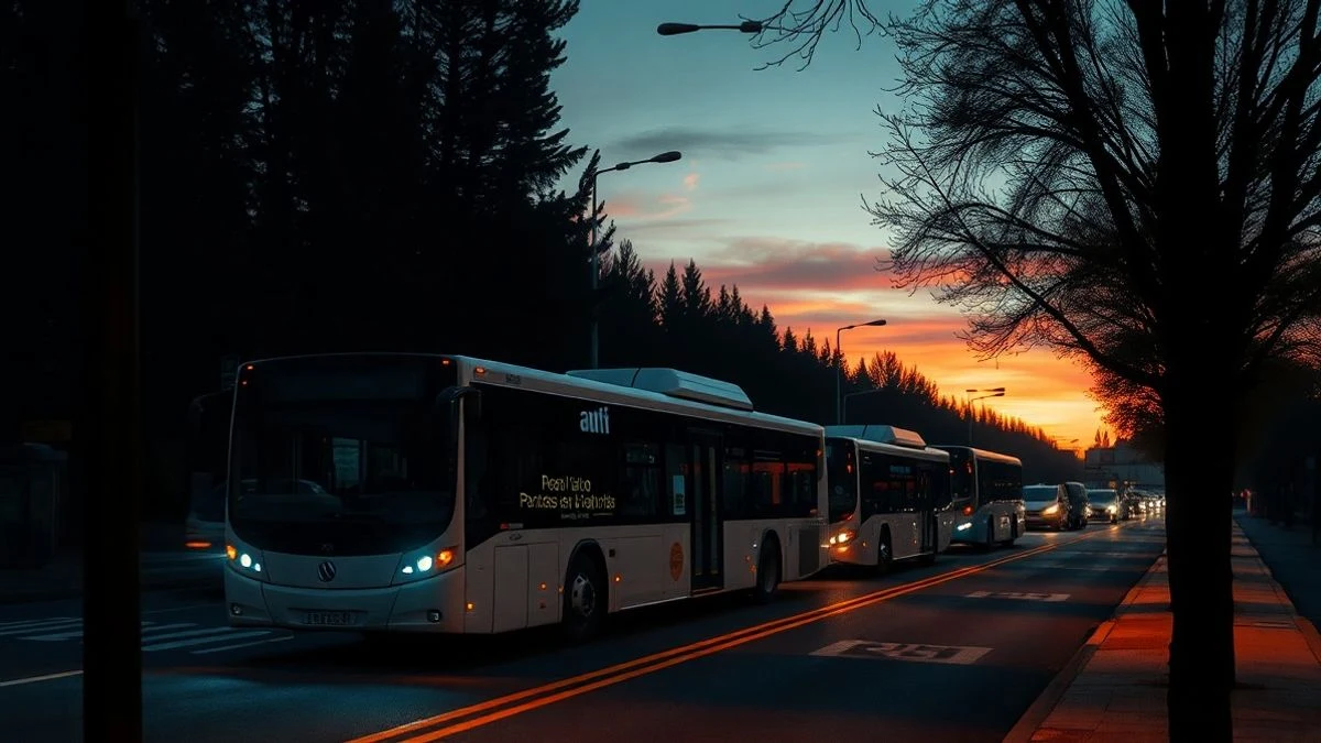 Imagen ilustrativa: una estación de autobuses al atardecer con un autobús urbano moderno y viajeros de fondo esperando para subir.