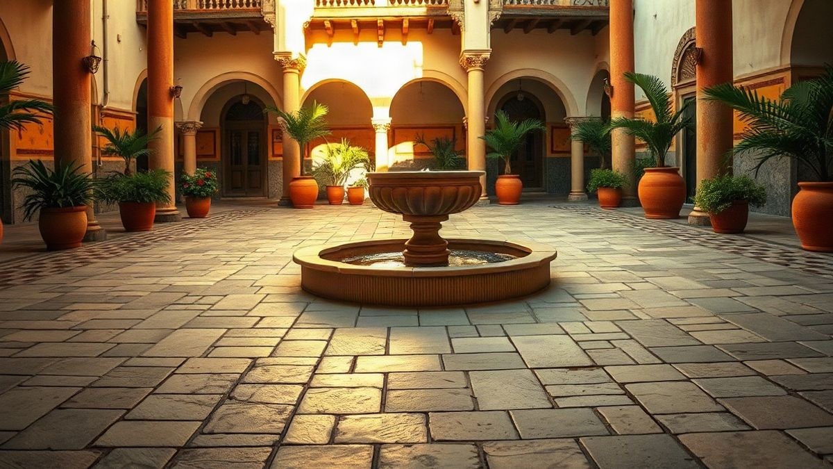 Imagen ilustrativa: detalle del suelo de piedra y una fuente en un patio andaluz con plantas y cerámica, iluminado por luz cálida.