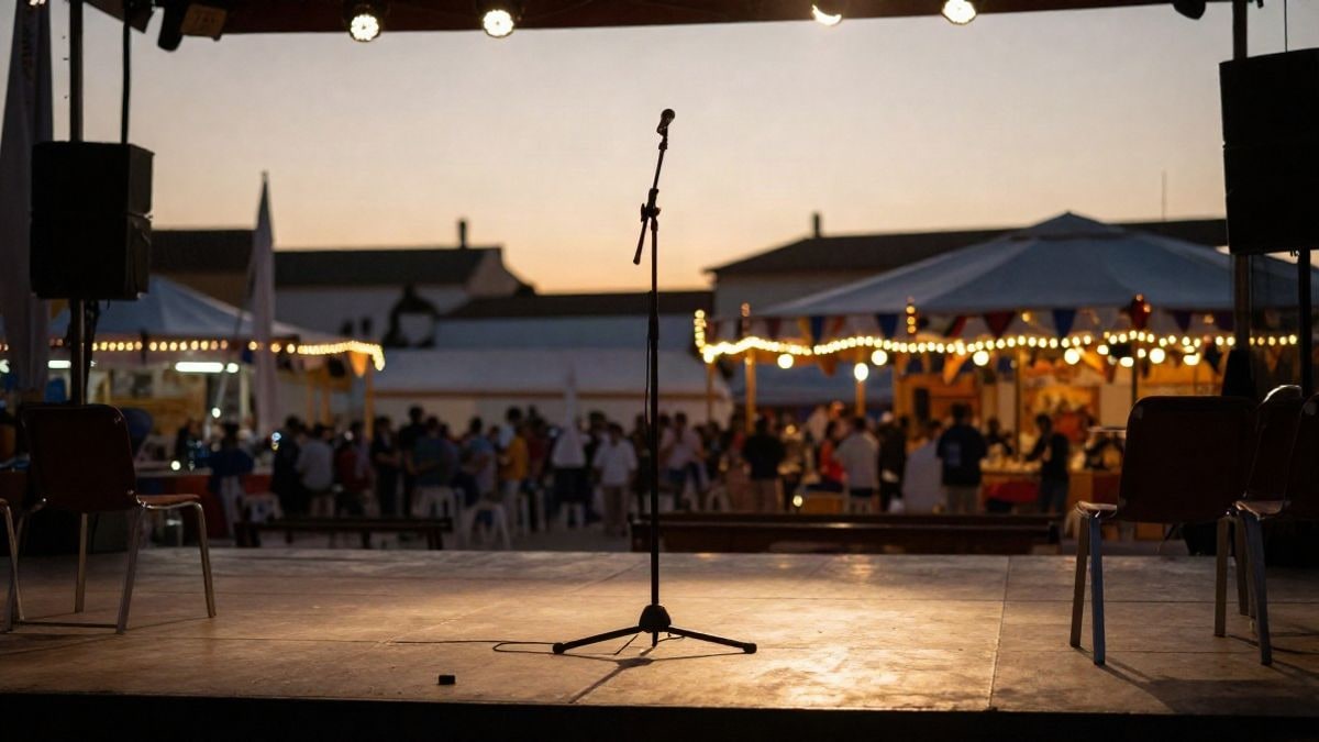 Imagen ilustrativa: un escenario de feria al atardecer con un micrófono y luces cálidas, sin personas visibles.