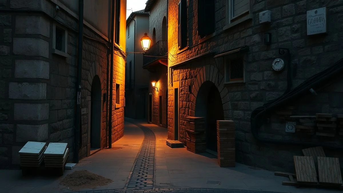 Illustrative image: cobbled street in an old town with sidewalk works and streetlights on at sunset.