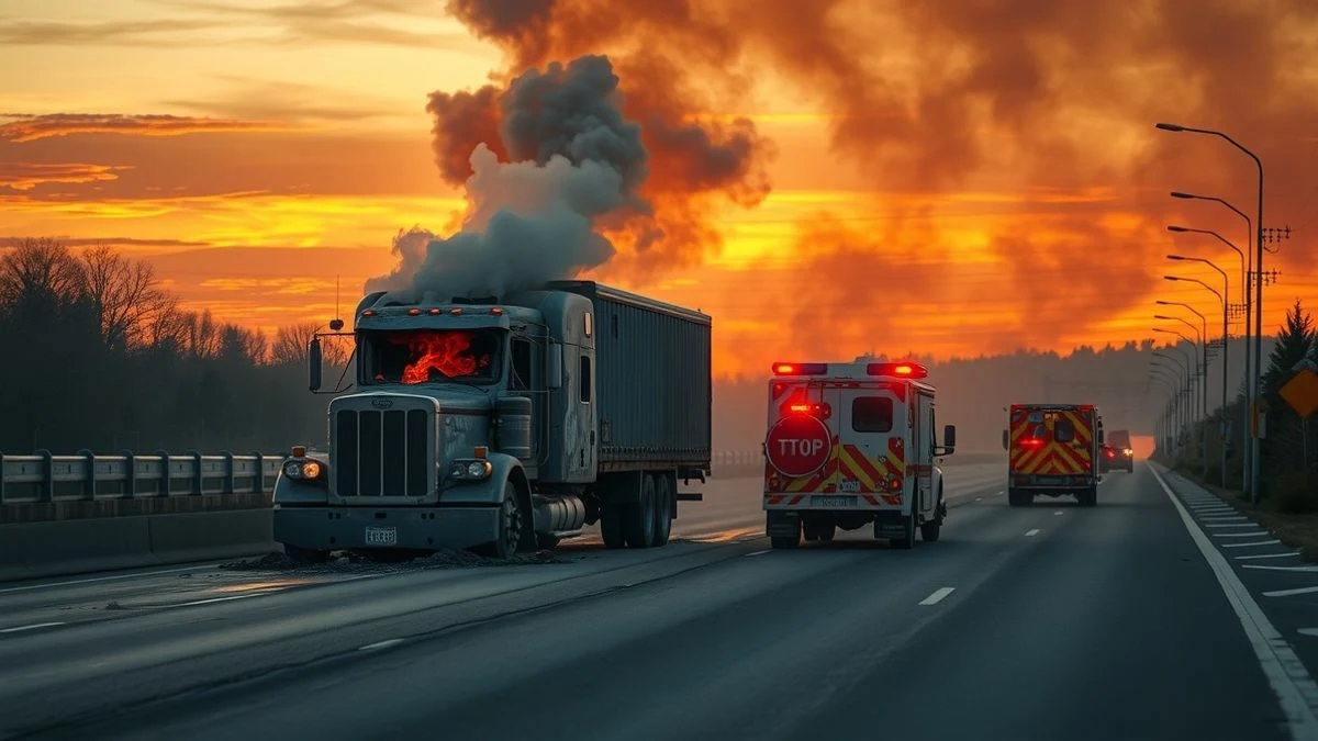 Camión quemado en la autopista AP-7 con humo y vehículos de emergencia al fondo