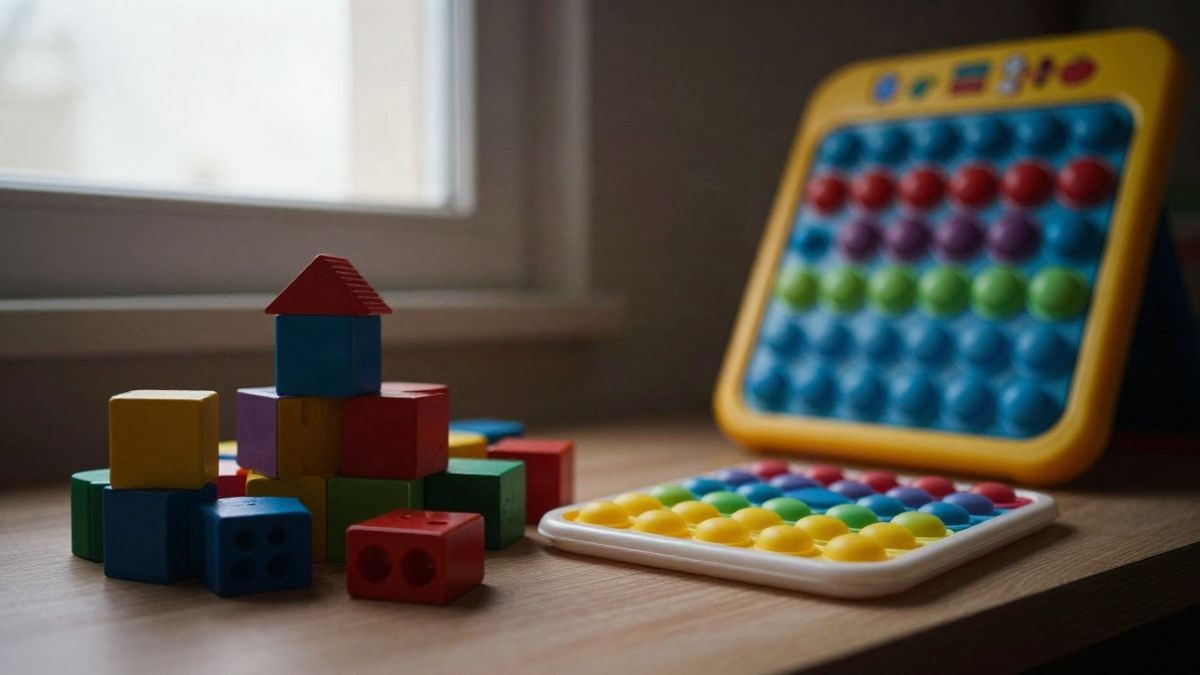 Imagen ilustrativa: manos de un niño sobre una mesa de madera con bloques educativos y un tablero táctil de comunicación, iluminación suave de ventana