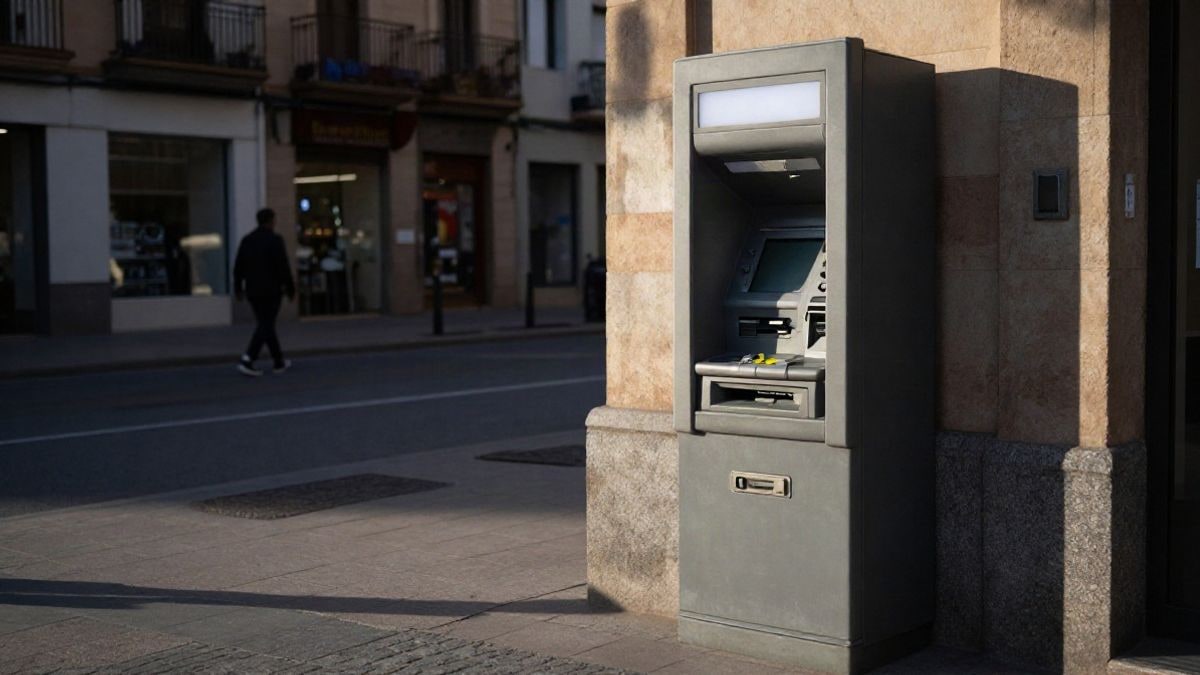 Illustrative image: ATM on a Spanish street at sunset with a distant figure