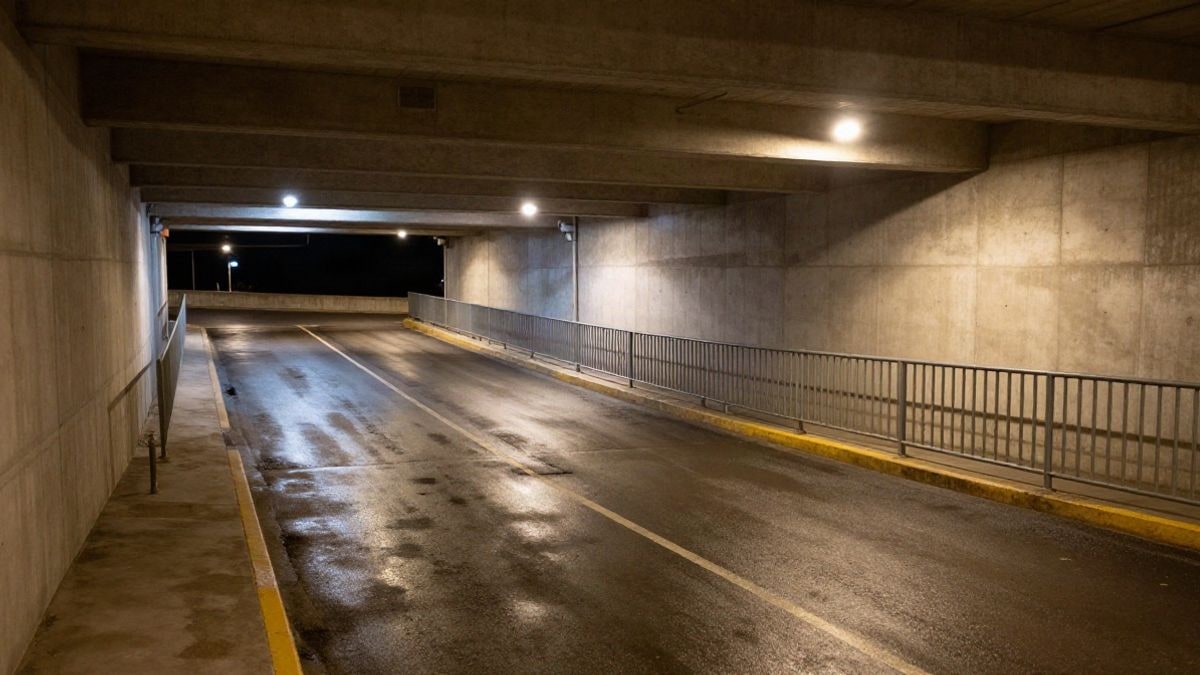 Imagen ilustrativa: rampa de entrada a un aparcamiento subterráneo vacío iluminada por farolas nocturnas