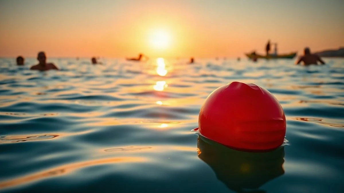 Illustrative image: buoy and swimming cap floating in the sea at sunset, with silhouetted swimmers in the background.