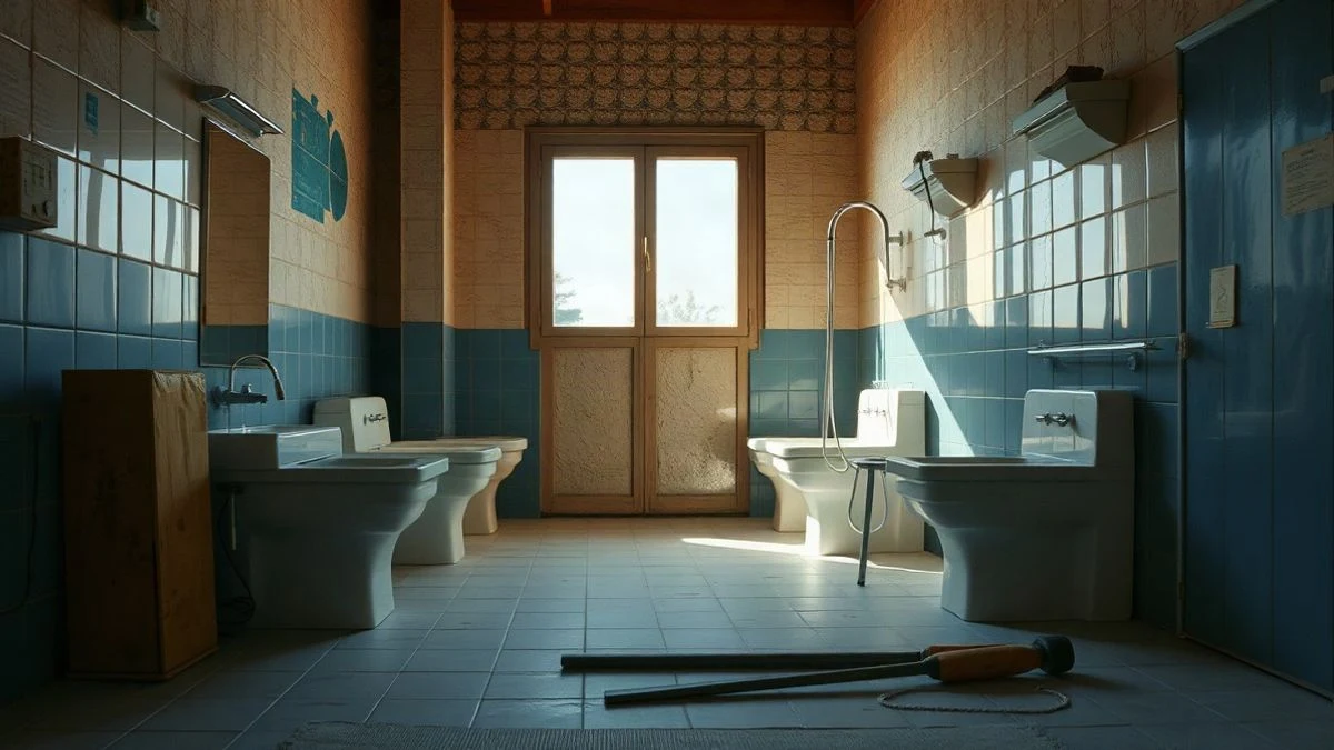 Illustrative image: interior of a school bathroom under renovation, with tiles removed and construction materials, illuminated by natural light.