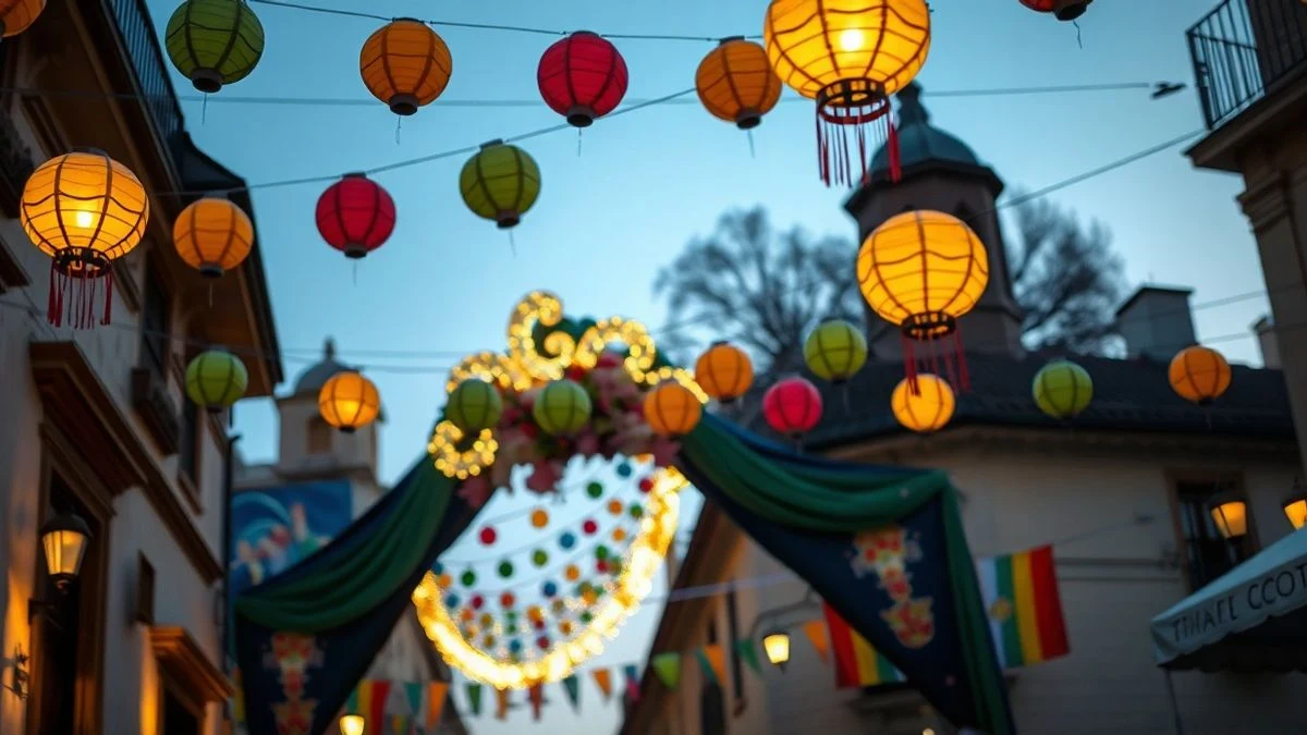Illustrative image: festive street with lanterns and decorative arch at sunset