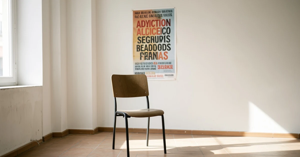 Sala vacía con cartel informativo sobre adicciones en la sede de Proyecto Humano