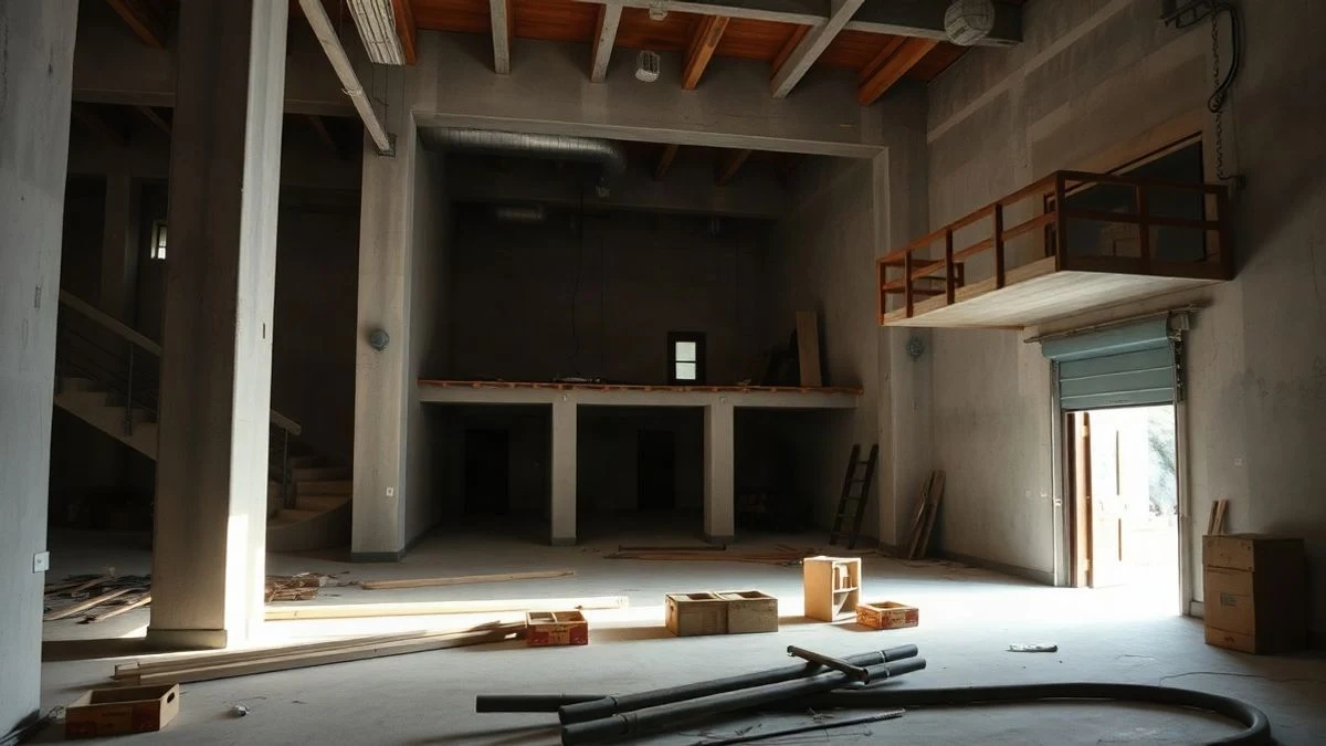 Imagen ilustrativa: interior de un museo en obras con andamios y luz lateral