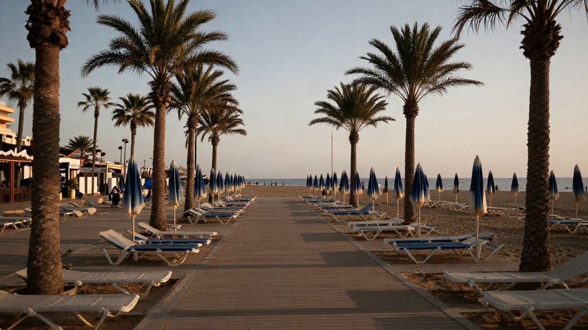 Imagen ilustrativa: paseo marítimo con hamacas y sombrillas ordenadas junto al mar al atardecer