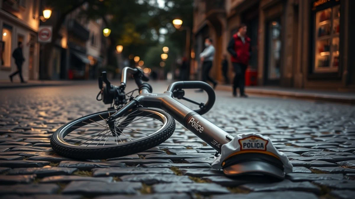 Fallen bicycle on a pedestrian street with a police cap nearby