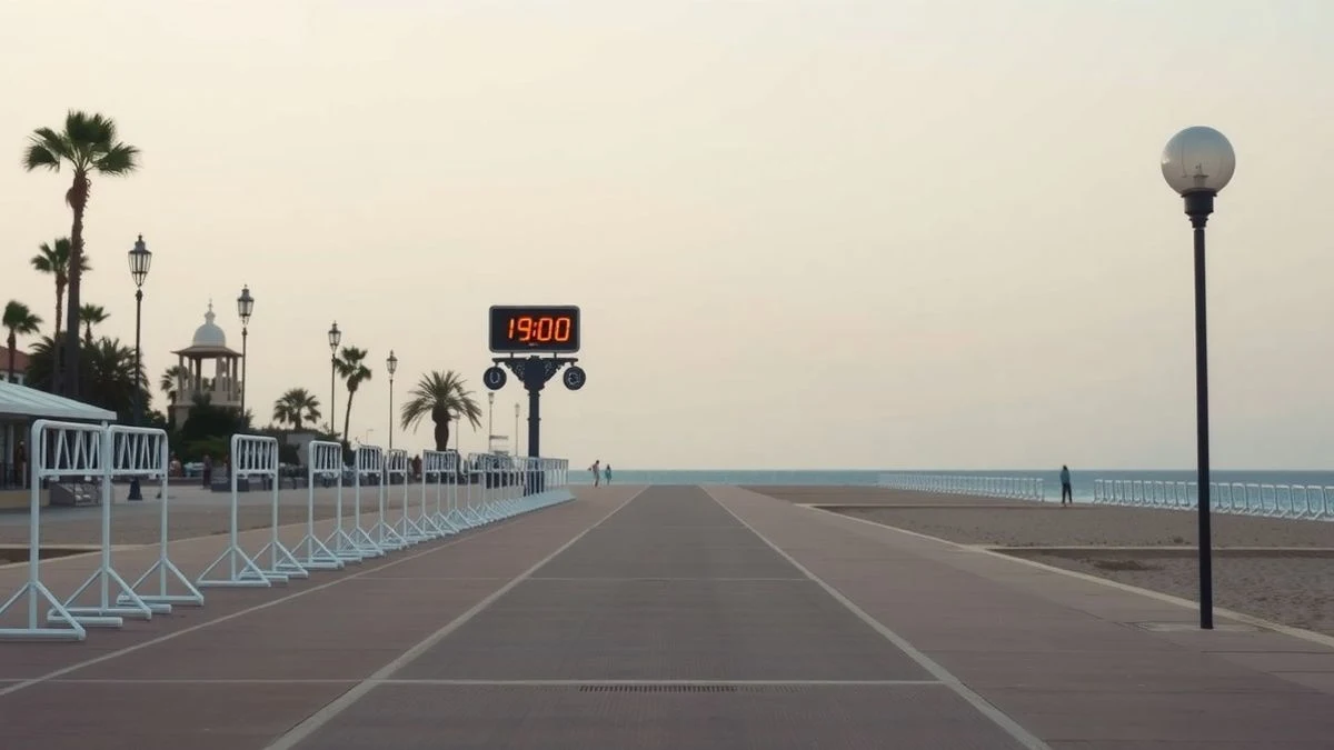 Paseo marítimo de Fuengirola al atardecer con vallas de salida vacías y un reloj marcando las 19:00