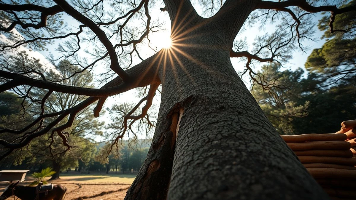 Illustrative image: cork oak trunk with extracted cork and a pack mule in the background in a Mediterranean forest.