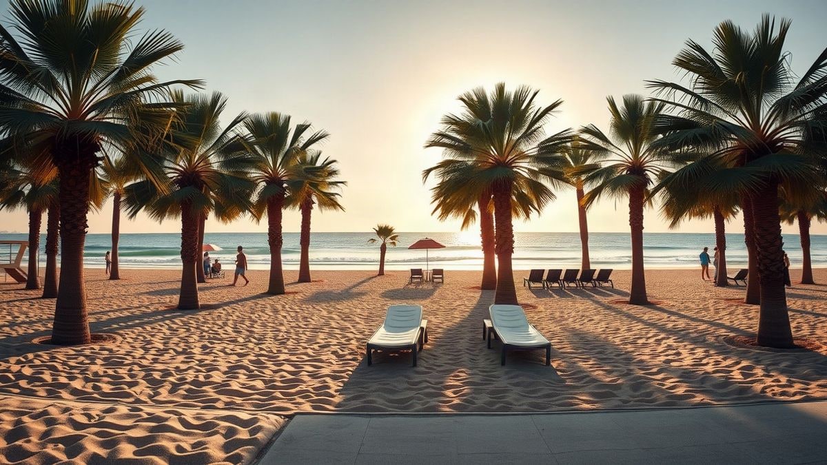 Illustrative image: promenade with palm trees and empty sun loungers at sunset