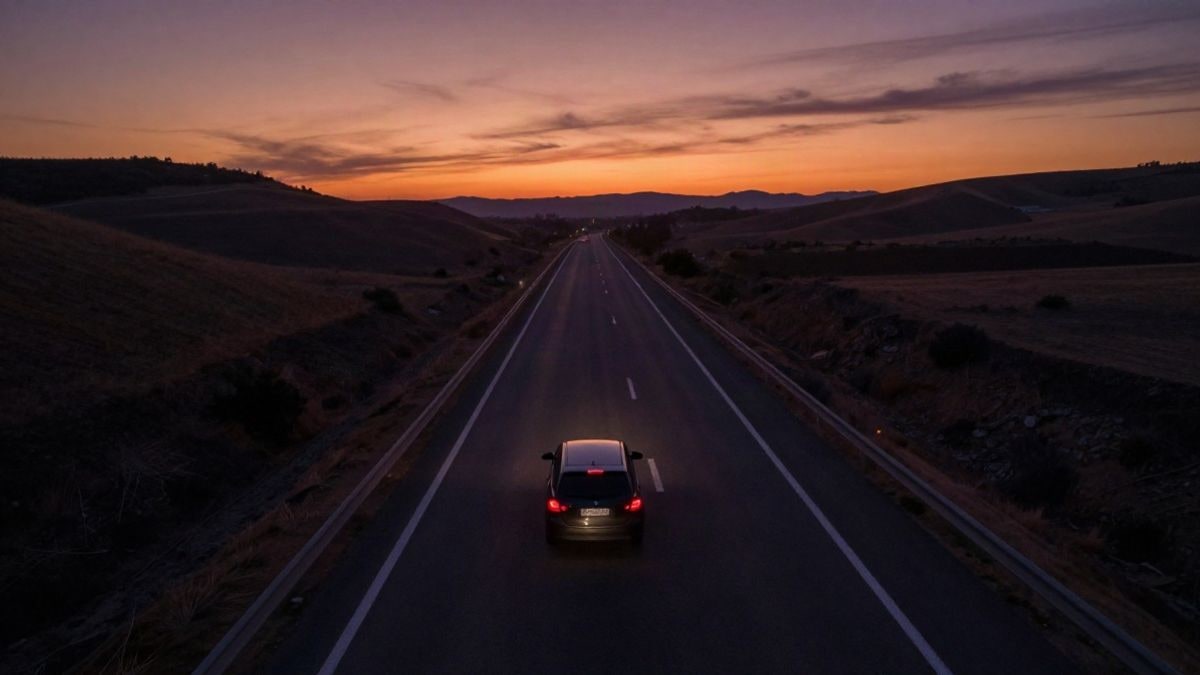 Imagen ilustrativa: una carretera española al atardecer con un solo coche circulando, en un entorno de colinas secas.
