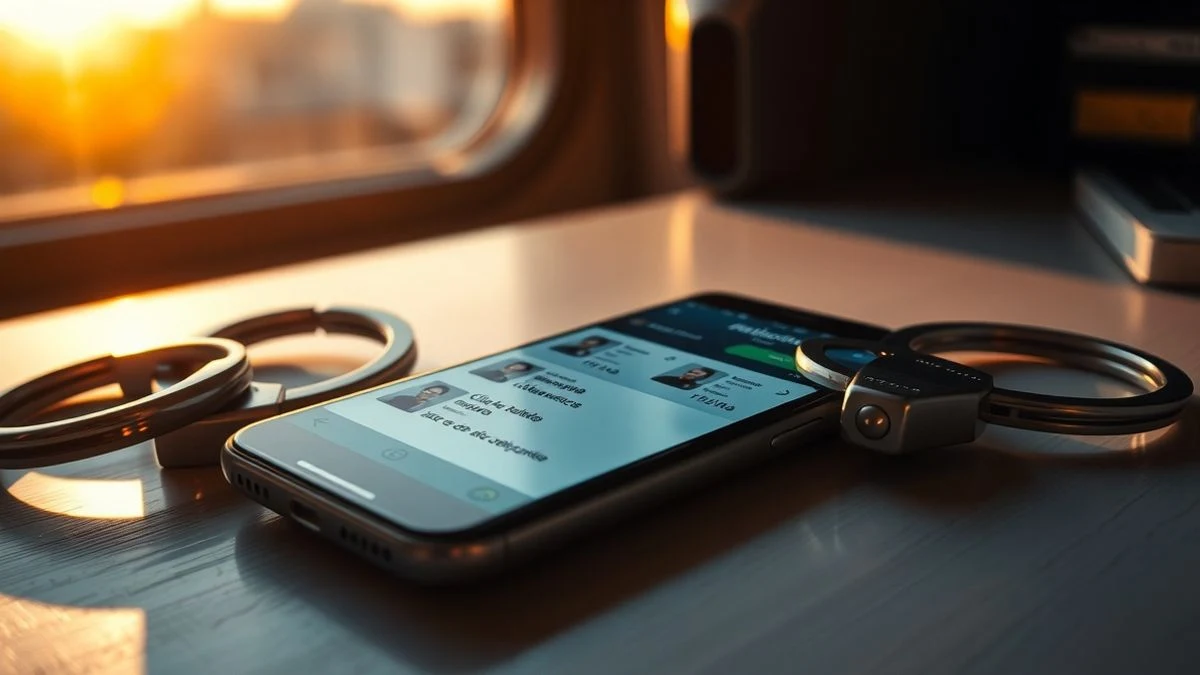 Illustrative image: a mobile phone on a table next to handcuffs, with a silhouetted person in the background