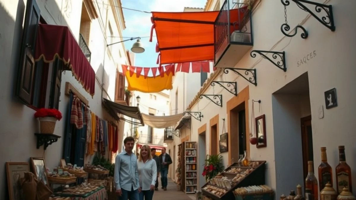 Imagen ilustrativa: calle estrecha de un pueblo andaluz con toldos de colores y puestos de artesanía al atardecer.