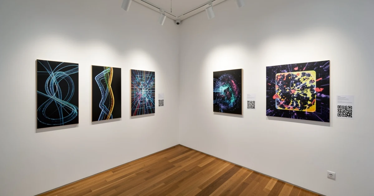 Sala de exposiciones con obras de arte digital y códigos QR en las paredes