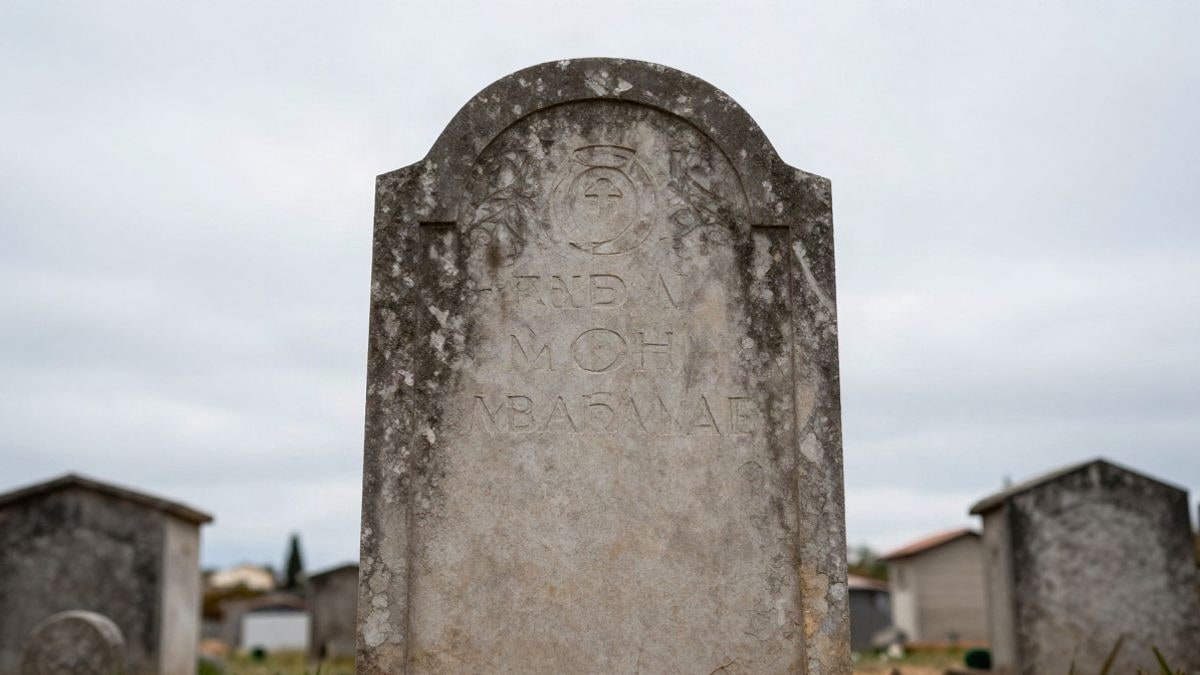 Imagen ilustrativa: ángulo bajo de una lápida antigua en un cementerio con cielo de fondo