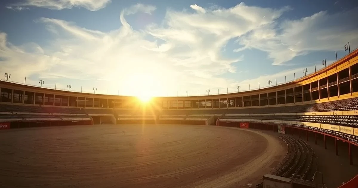 Plaza de Toros de Antequera vacía al atardecer con luz dramática