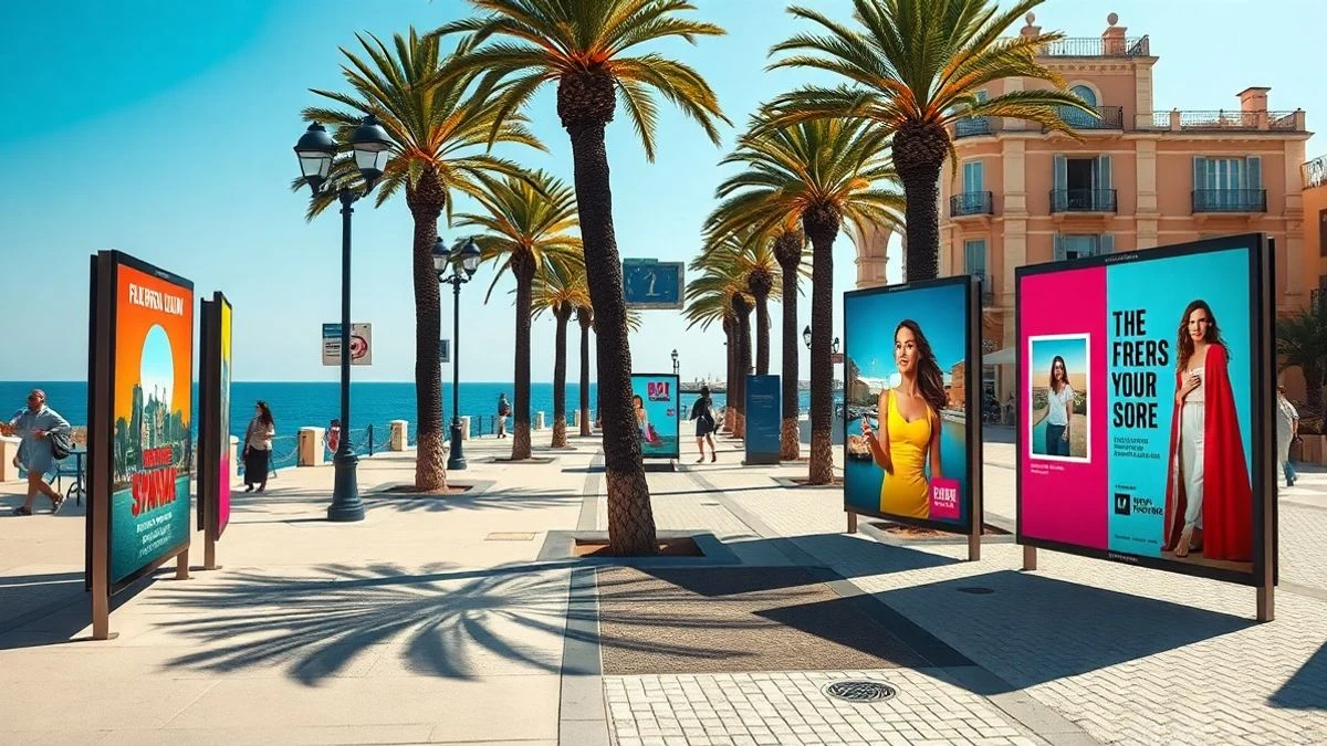 Imagen ilustrativa: vista cenital de un bulevar costero con paneles expositivos y el mar al fondo