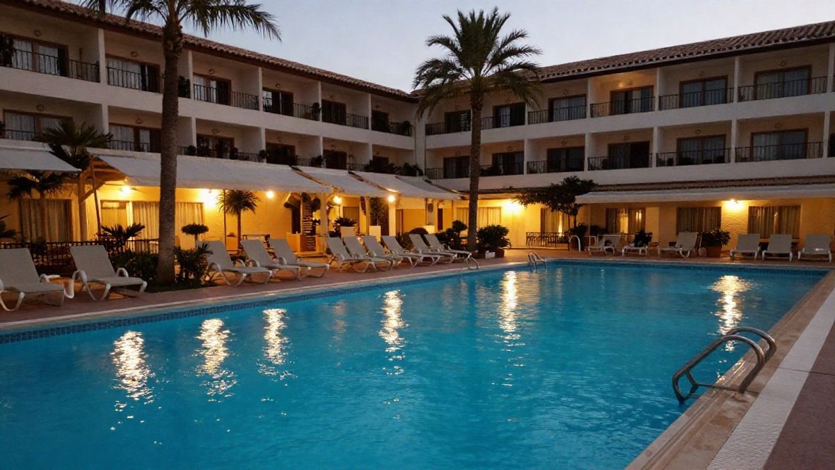 Illustrative image: hotel pool on the Costa del Sol at sunset, with sun loungers and palm trees, warm lighting.