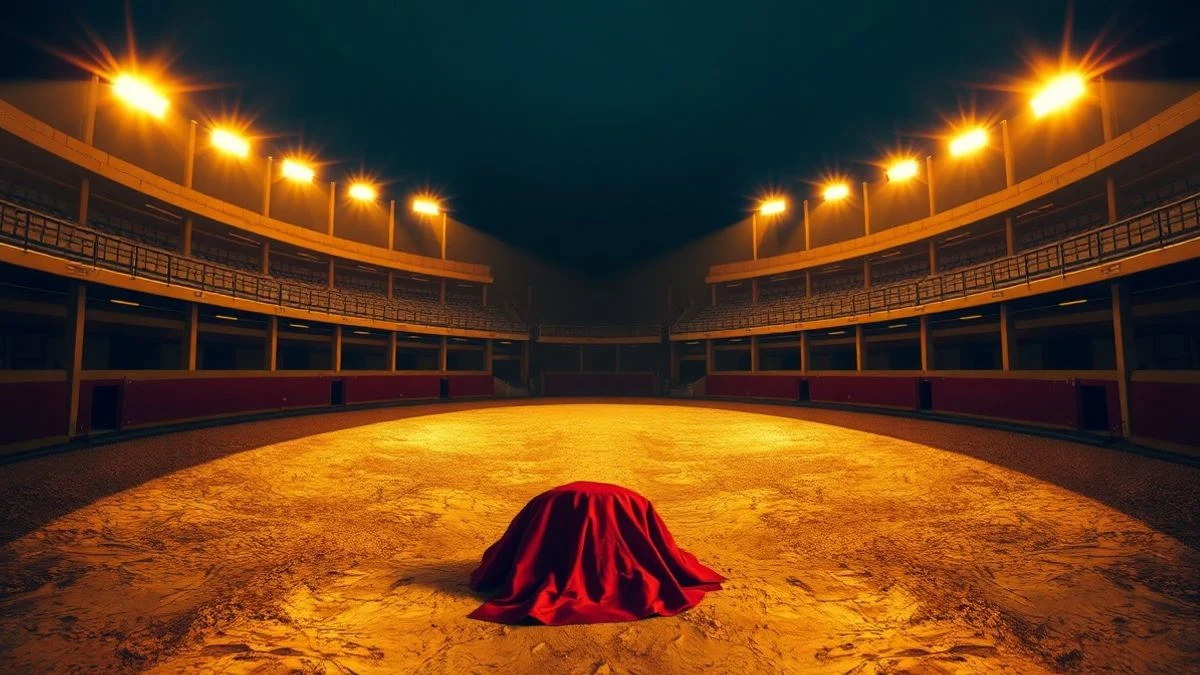 Imagen ilustrativa: una plaza de toros vacía al atardecer, con un capote rojo sobre la arena y las gradas en penumbra
