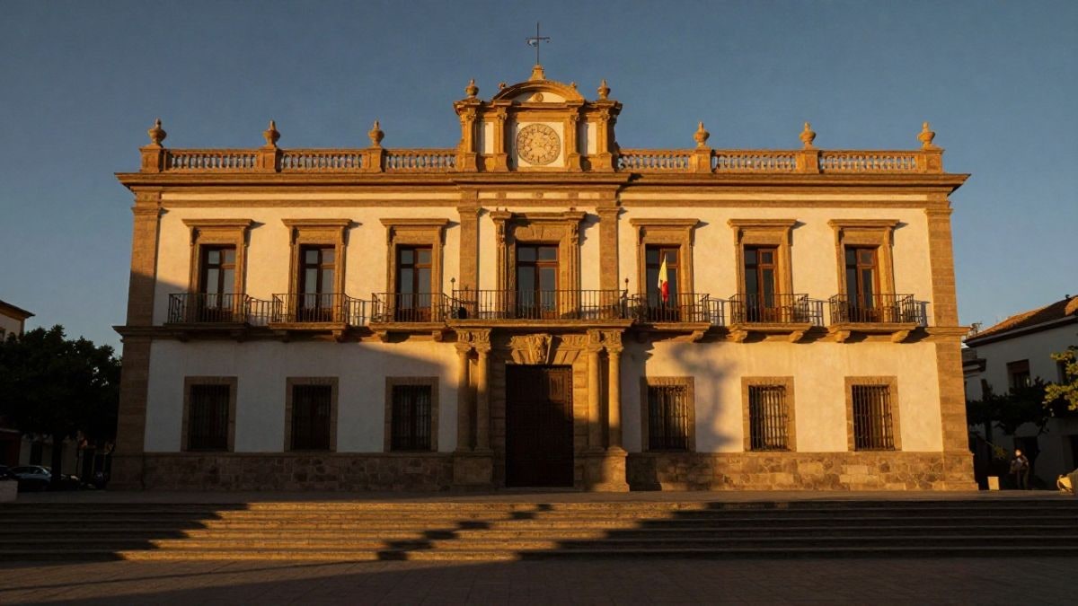 Imagen ilustrativa: fachada de un edificio institucional genérico al atardecer con sombras largas