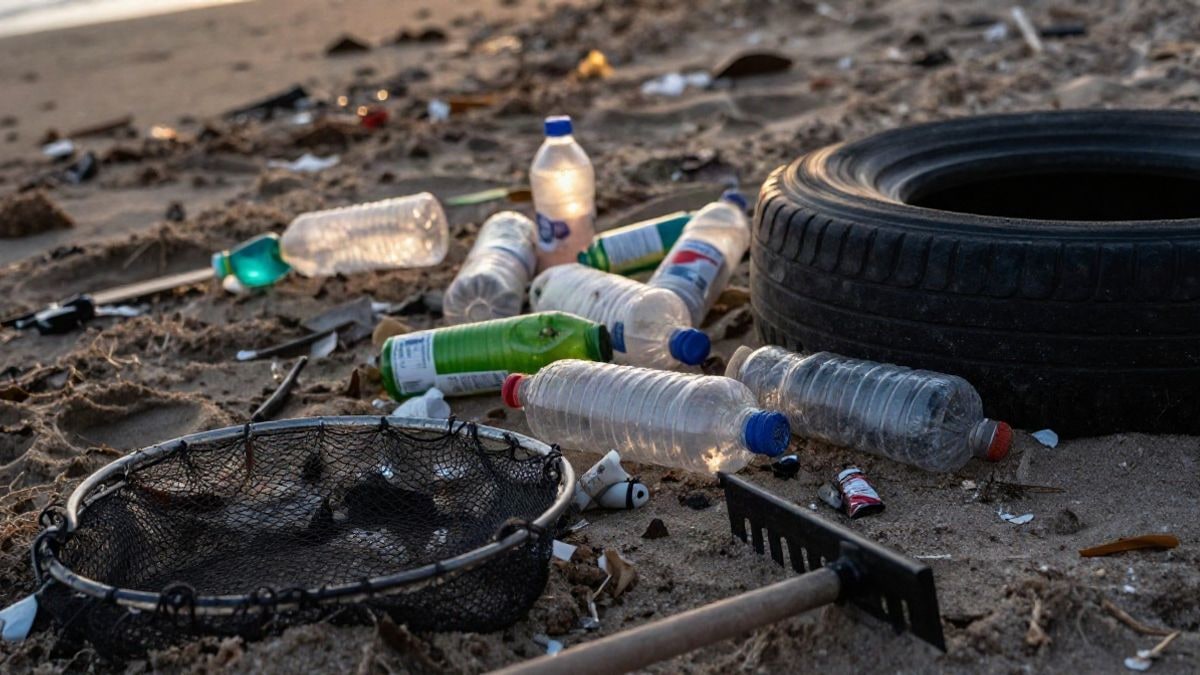 Imagen ilustrativa: residuos como plásticos y un neumático en la arena de una playa al atardecer