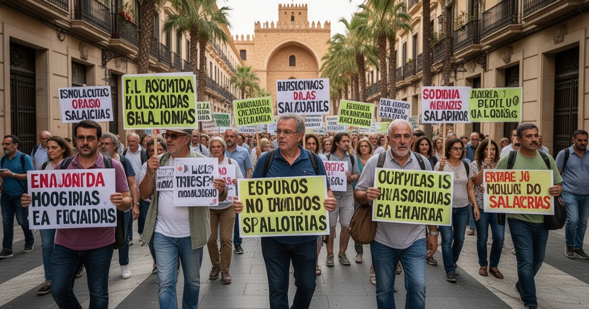 Protesters with banners walking through the historic center of Malaga