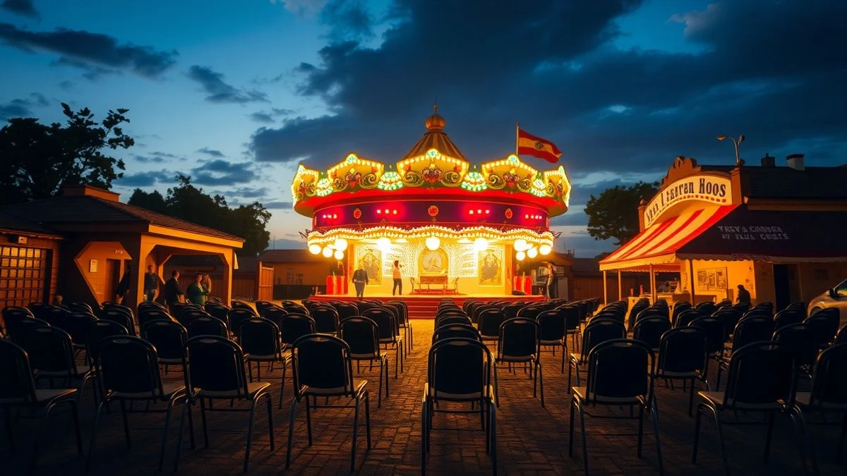 Imagen ilustrativa: vista de un recinto ferial con luces de colores y un escenario vacío al atardecer