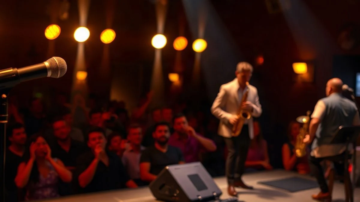 Illustrative image: a jazz concert stage with a microphone and grand piano under warm lights, with blurred audience in the background