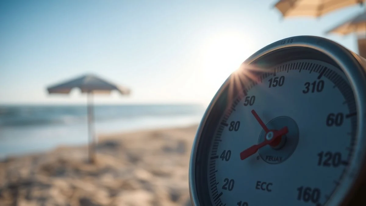 Illustrative image: close-up of a thermometer reading 31 degrees Celsius, with a blurred background of beach and clear sky.