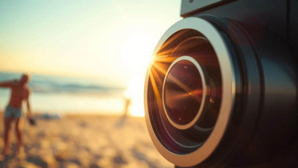 Primer plano de la lente de un proyector de cine con un haz de luz y motas de polvo, al fondo una playa al atardecer desenfocada.