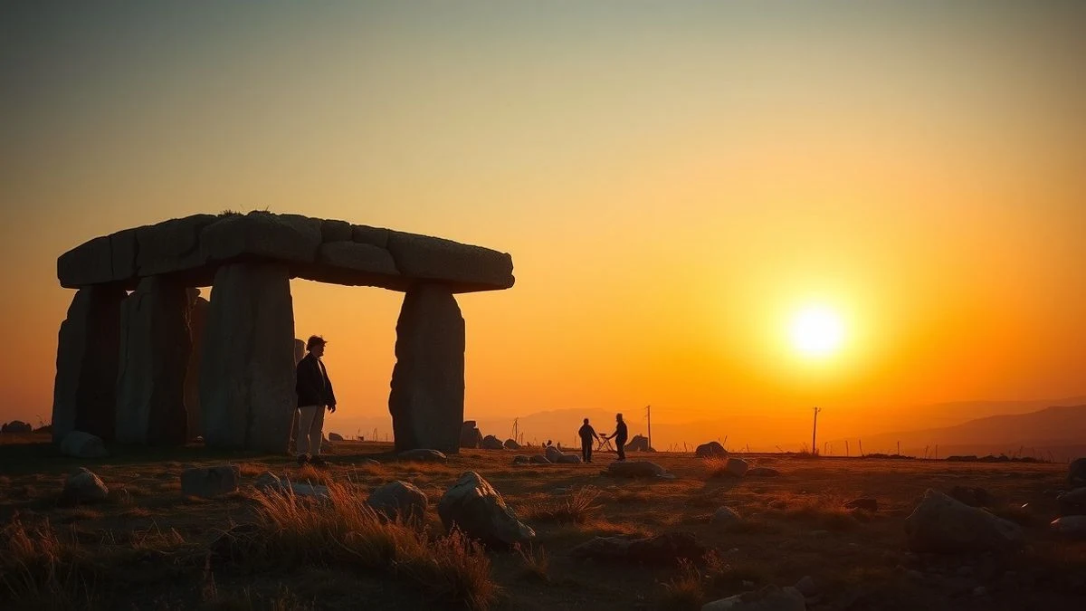 Dolmen of Menga at sunset, with an orange sky in the background and dry vegetation in the foreground.