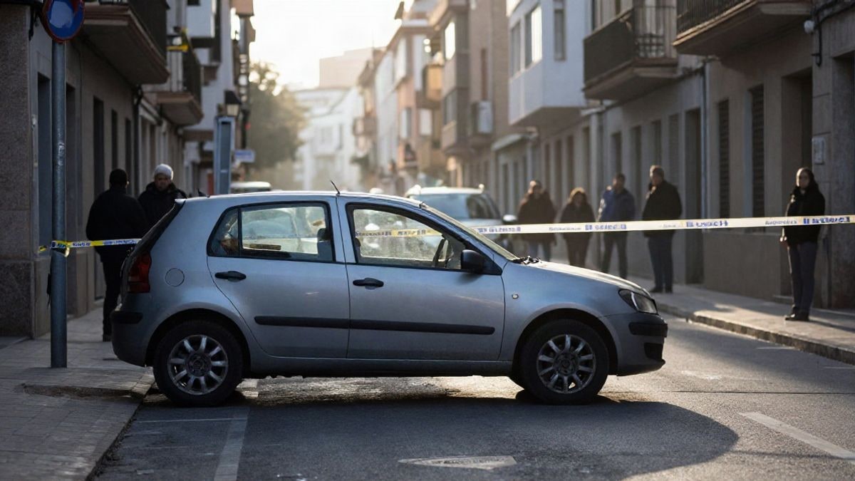Imagen ilustrativa: un coche con impactos de bala en una calle acordonada con cinta policial al amanecer