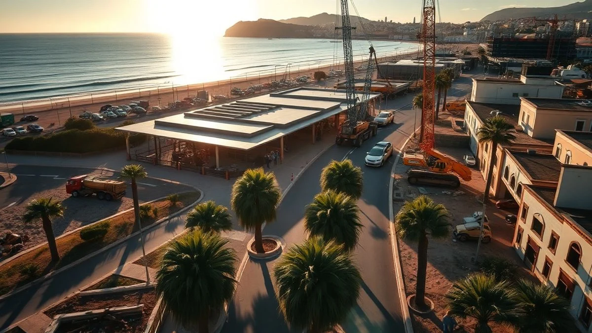 Illustrative image: aerial view of a coastal avenue with renovation works and the sea in the background.