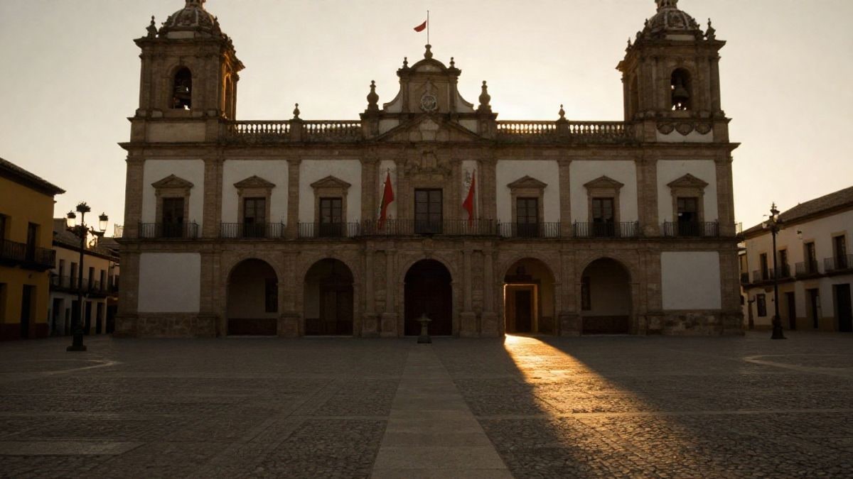 Illustrative image: facade of a Spanish institutional building at sunset with elongated shadows