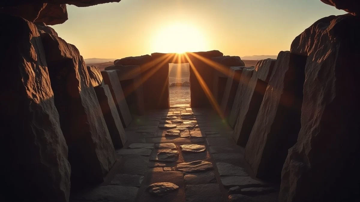 View of the Menga dolmen in Antequera at sunset, with warm light and elongated shadows