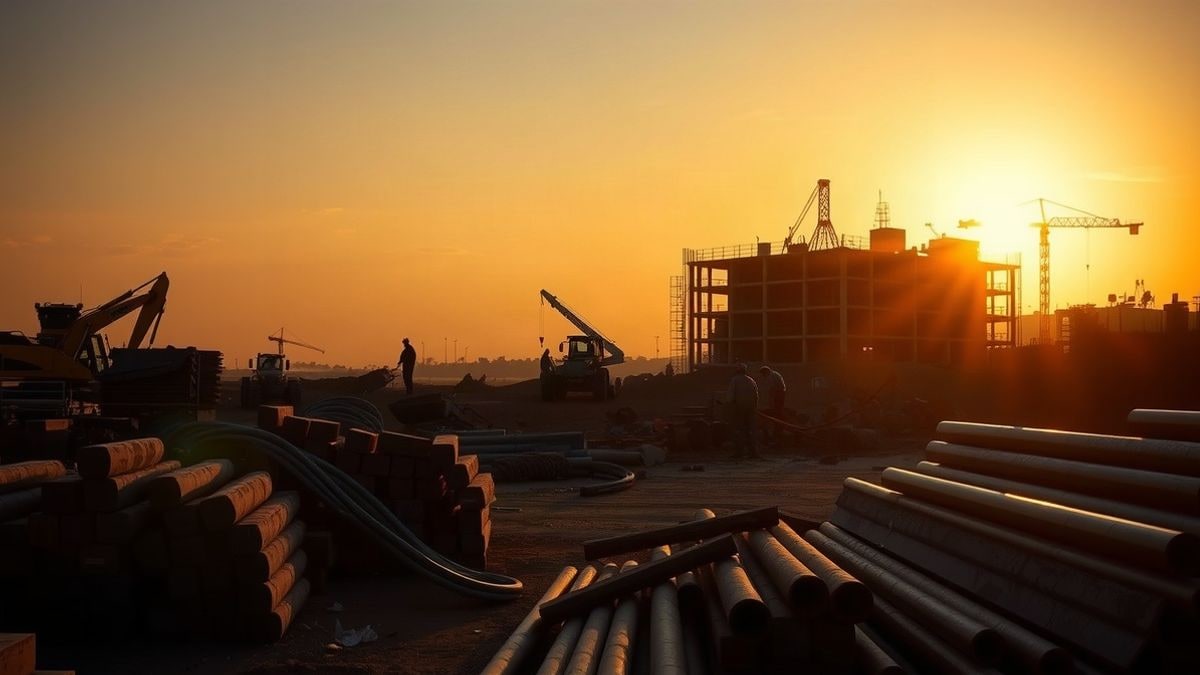 Imagen ilustrativa: obra en construcción al atardecer con siluetas de trabajadores y maquinaria