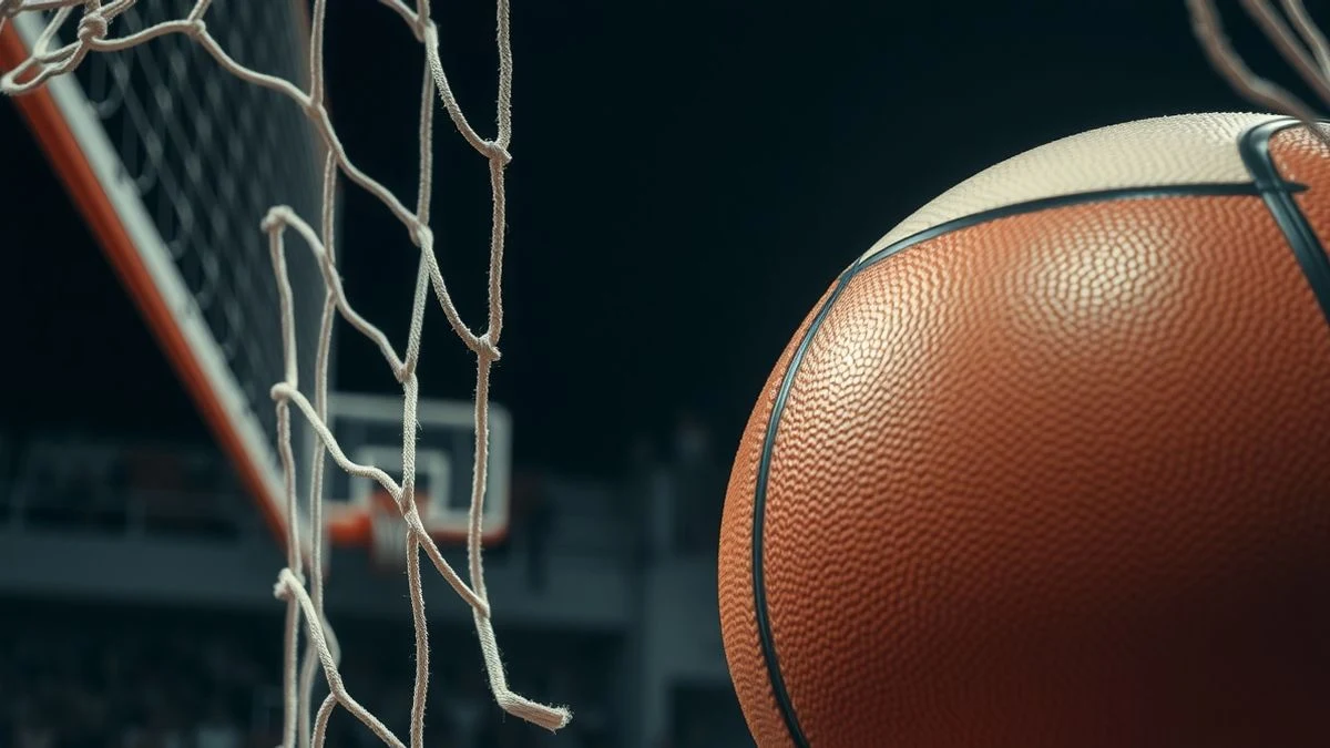 Illustrative image: a handball on the floor of a sports court, with the goal net in the background