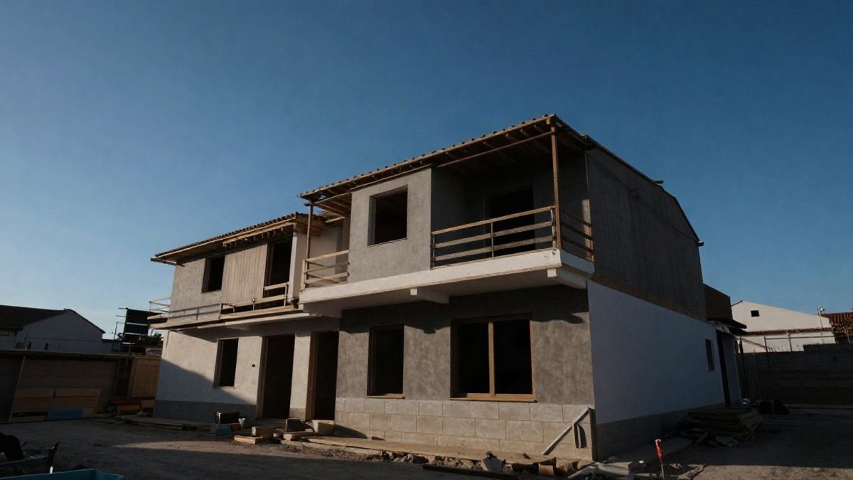 Imagen ilustrativa: ángulo bajo de una parcela en obras con estructura de hotel y cielo despejado
