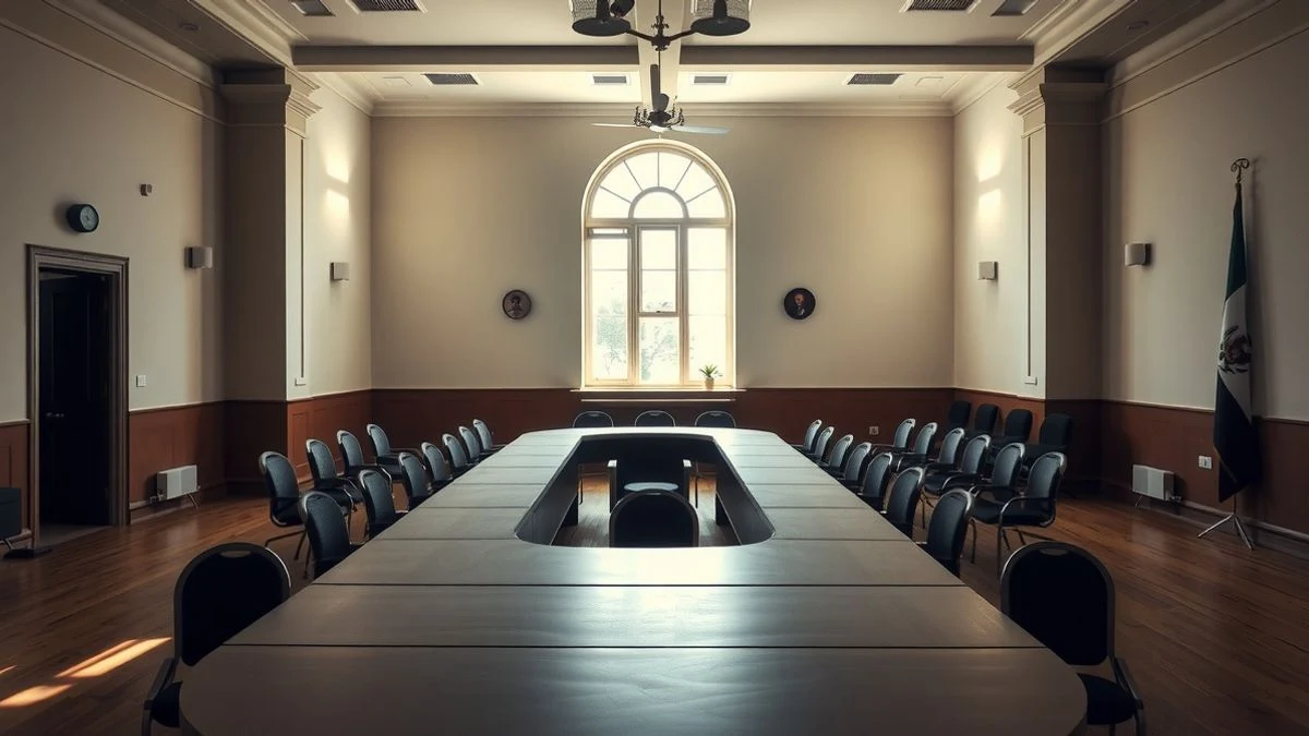 Imagen ilustrativa: una sala de reuniones vacía con una mesa larga y sillas, iluminada por luz natural que entra por una ventana.