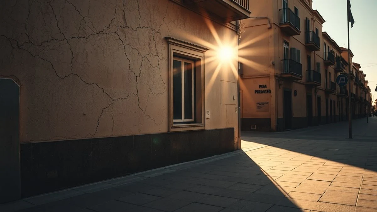 Fachada de edificio antiguo con grietas y ventana rota, iluminado por el sol del atardecer, en Málaga.