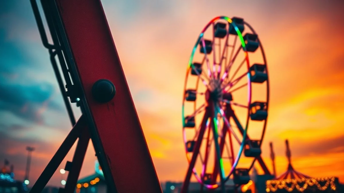 Imagen ilustrativa: una noria iluminada al atardecer en un recinto ferial, con luces de colores y fondo desenfocado.