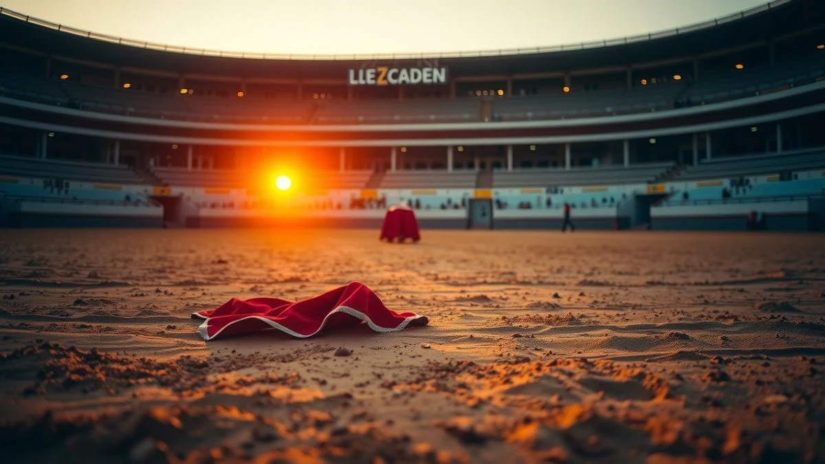 Plaza de toros al atardecer con capote de toreo en la arena